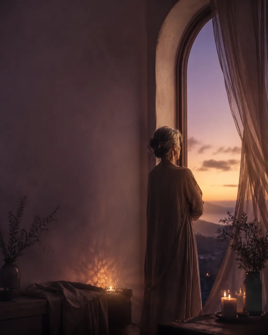 A woman at an arched window at dusk, candlelight glowing