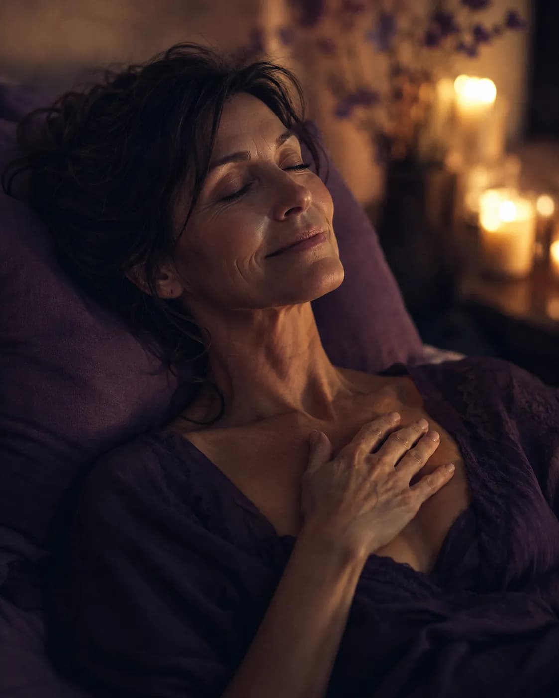 A woman resting peacefully, one hand over her heart, in candlelight