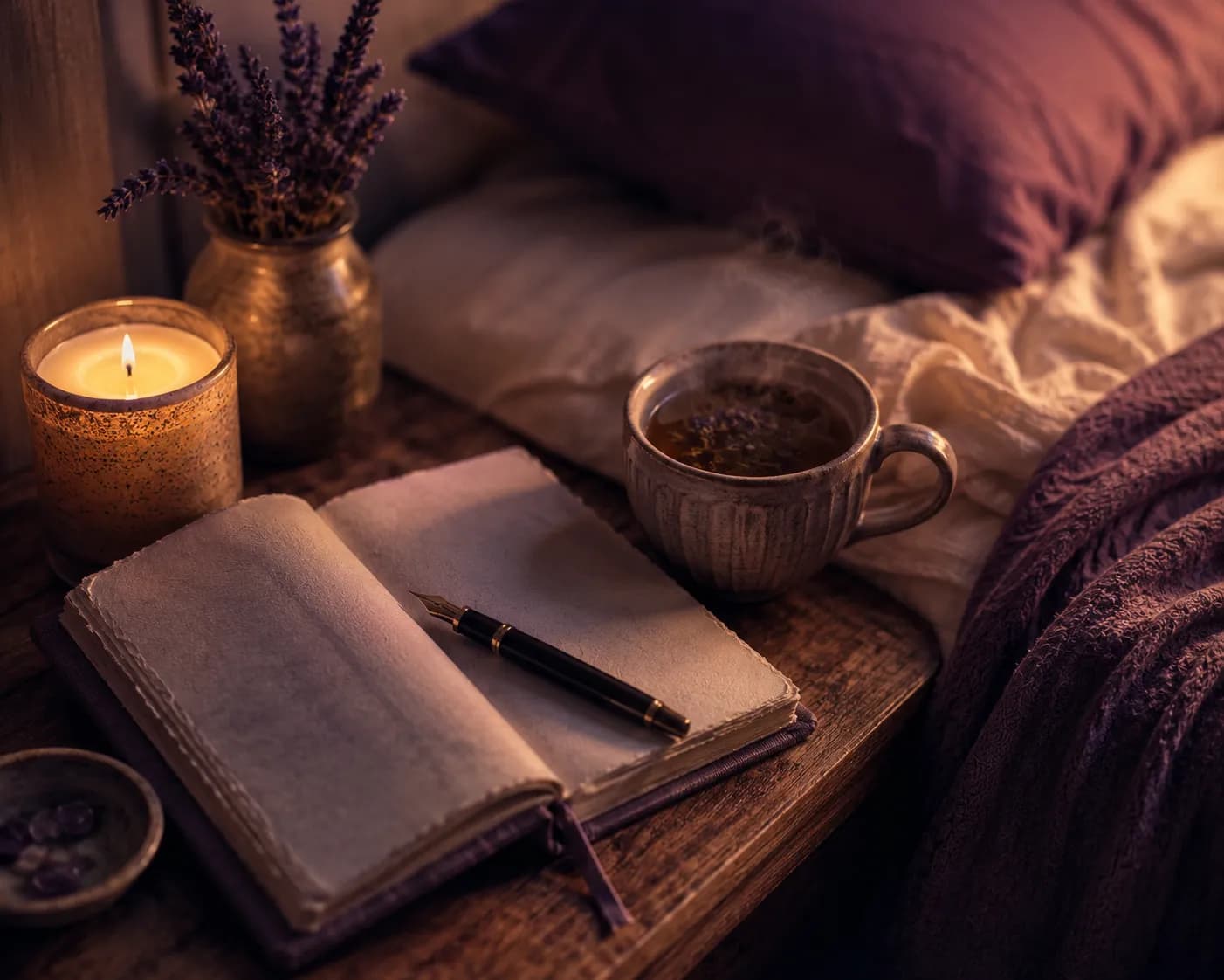 A bedside table with a candle, an open journal, and a cup of tea at dusk