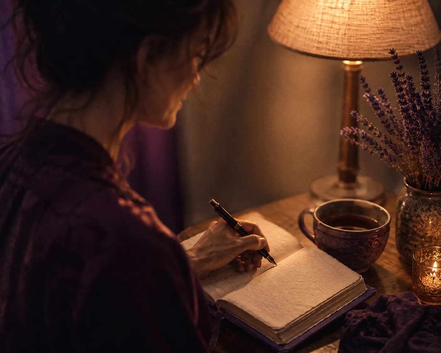 A woman journaling by warm lamplight in the evening