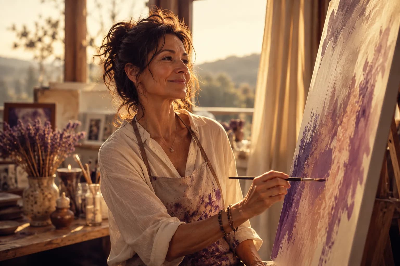 A woman painting joyfully in a sunlit studio at golden hour